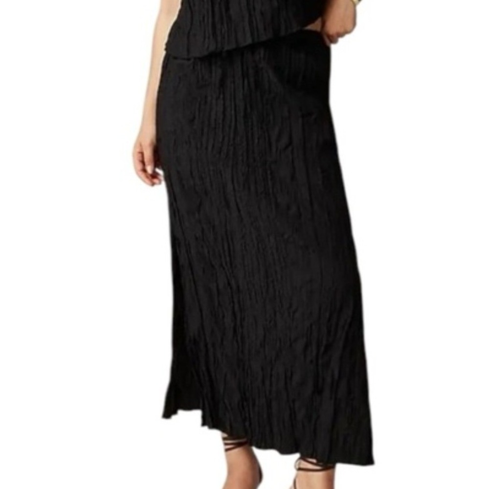 J Crew Crinkled Drawstring Elastic Waist Midi Skirt Black Side Slits Medium